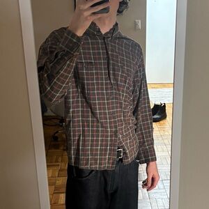 Grunge 90s Gray Orange Cream Plaid Button Down Shirt Rustic